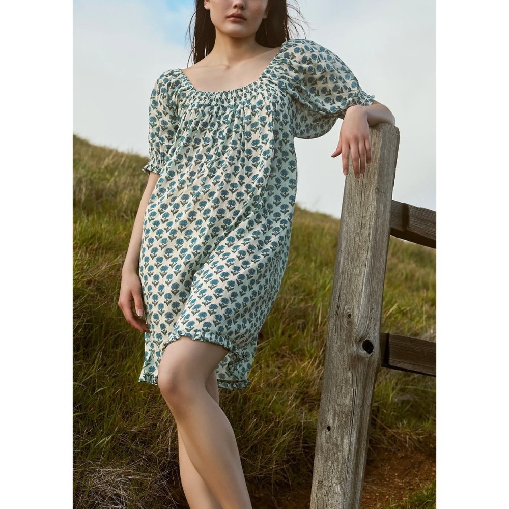 NEW EDDY Sydney Puff Sleeve Mini Nightgown Ivory Blue Bell Floral Cotton XS